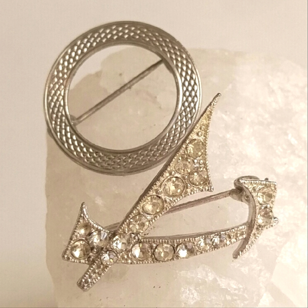 Two vintage pins silver tone rhinestone Brooch lot retro jewelry